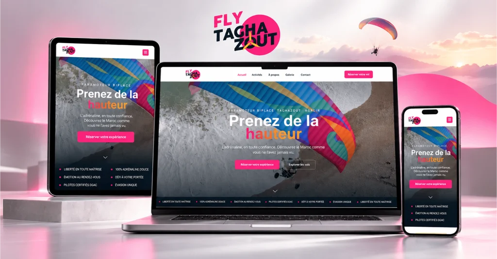 Site web Fly Taghazout pour les expériences de vol en paramoteur à Taghazout et Agadir conçu par HOVERSWITCH