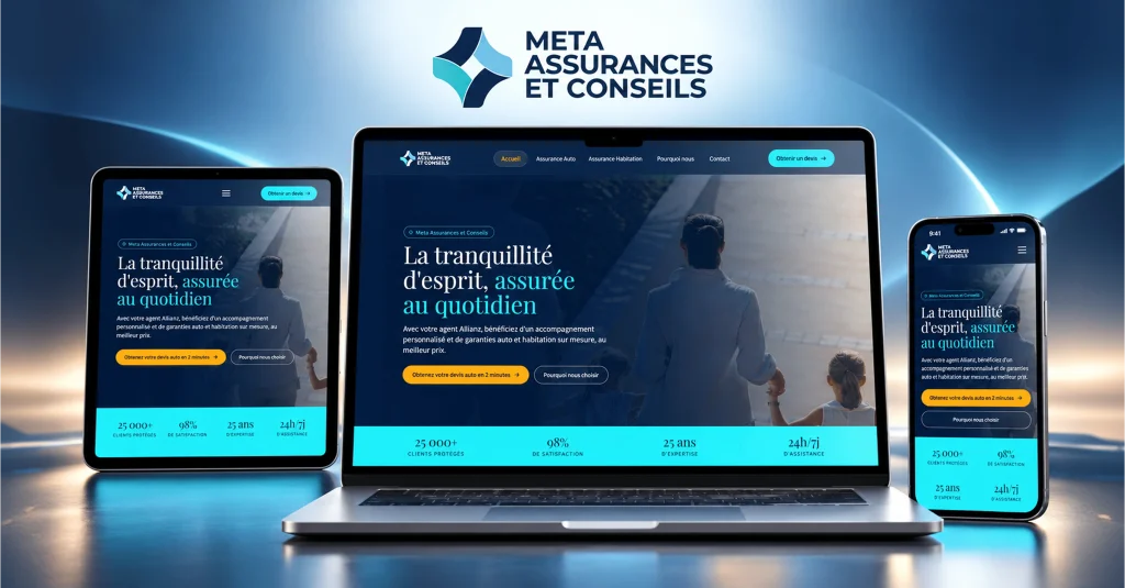 Site web Meta Assurances & Conseils à Marrakech conçu par HOVERSWITCH pour présenter les solutions d’assurance et faciliter les demandes de devis