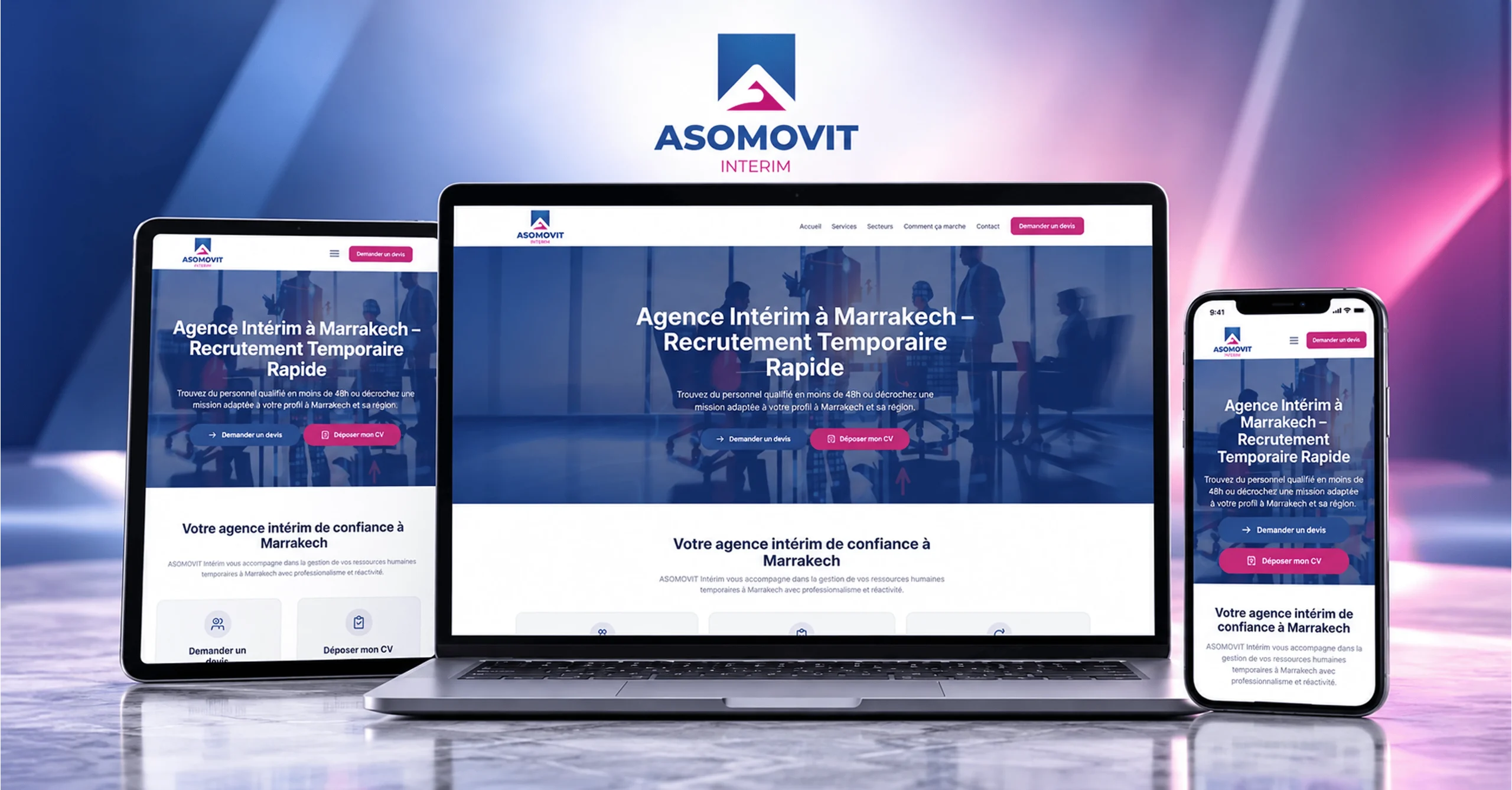 Site web ASOMOVIT Intérim dédié au recrutement temporaire et à la mise à disposition de personnel à Marrakech