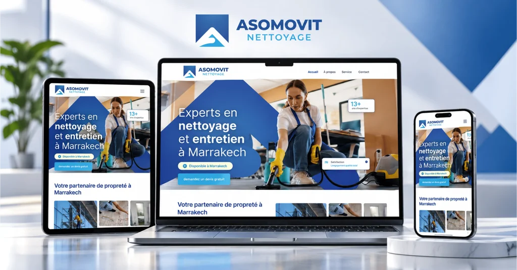 Site web et écosystème digital d’ASOMOVIT Nettoyage, société de nettoyage professionnel à Marrakech