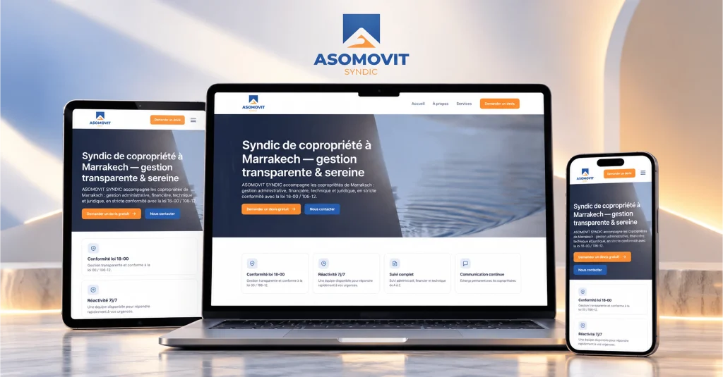 Site web ASOMOVIT Syndic dédié aux services de syndic et de gestion de copropriété à Marrakech