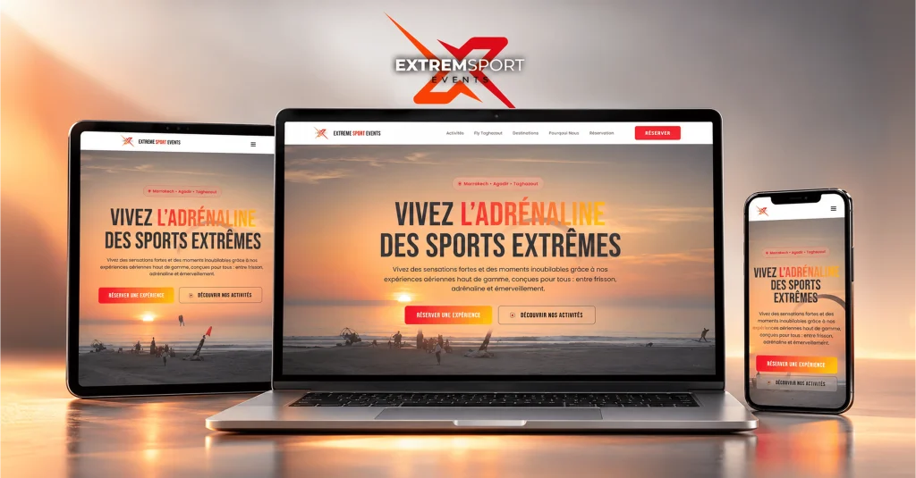 Site web Extreme Sports Events dédié aux sports extrêmes et activités aériennes au Maroc, conçu par HOVERSWITCH