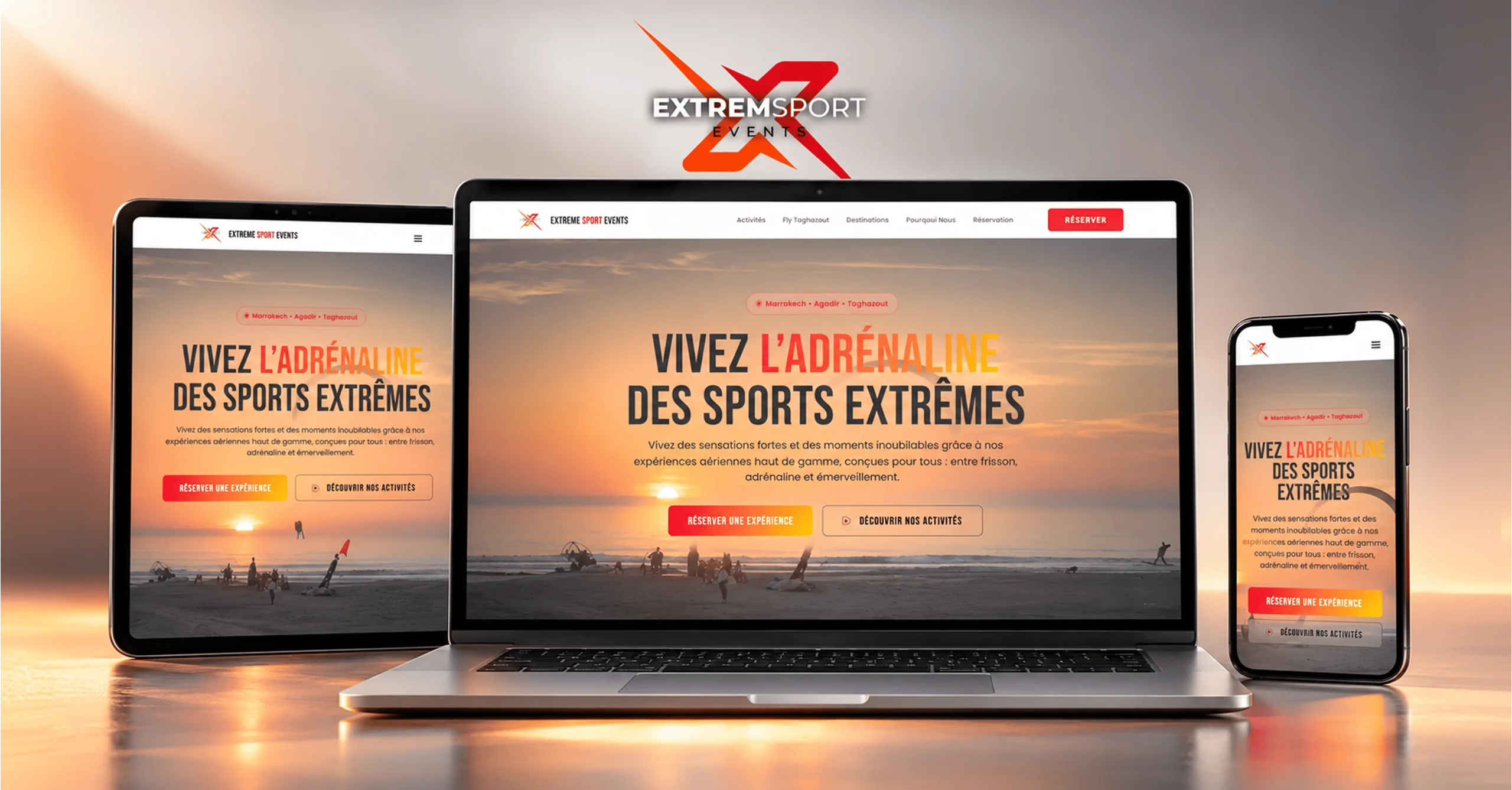 Site web Extreme Sports Events dédié aux sports extrêmes et activités aériennes au Maroc, conçu par HOVERSWITCH