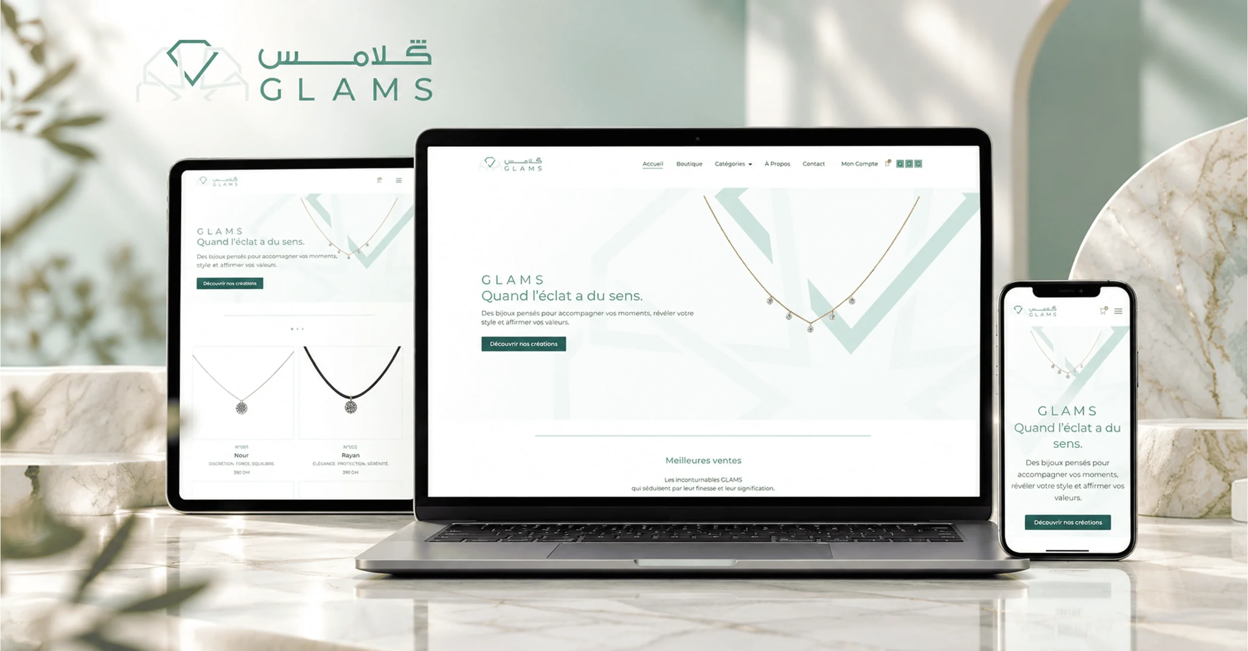 Boutique en ligne GLAMS présentant des bijoux en or recyclé et diamants de laboratoire