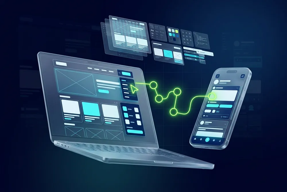 Interfaces de site web et d’application mobile reliées par un parcours utilisateur lumineux