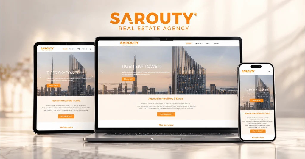 Écosystème digital SAROUTY Real Estate avec site immobilier, CRM et gestion des prospects à Dubaï