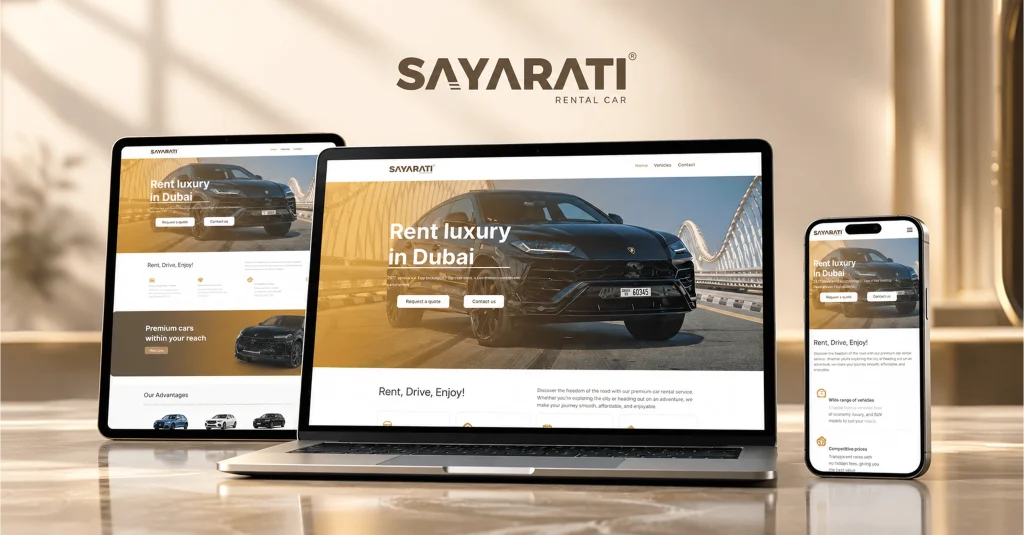 Site web SAYARATI dédié à la location de voitures à Dubaï avec réservation en ligne et intégration Zoho, conçu par HOVERSWITCH