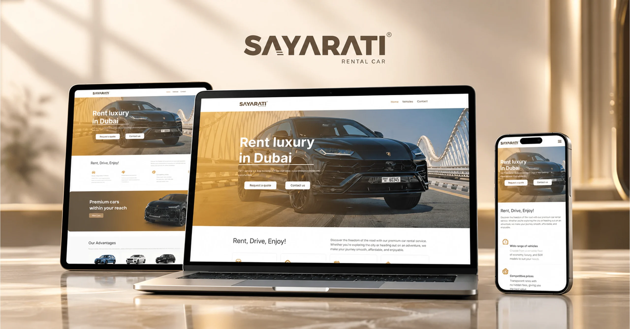 Site web SAYARATI dédié à la location de voitures à Dubaï avec réservation en ligne et intégration Zoho, conçu par HOVERSWITCH